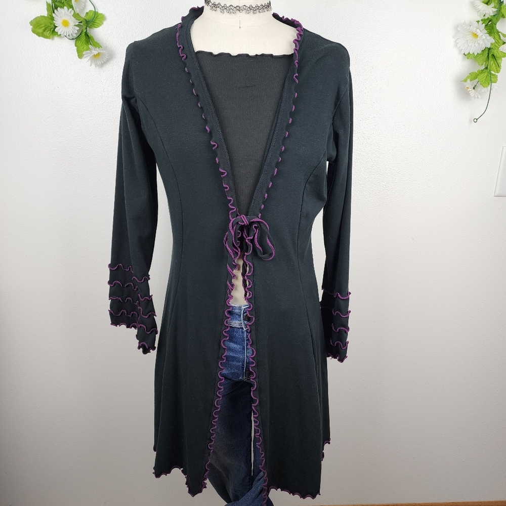 Laura Hlavac Black Long Ruffle-Trim Cardigan with Purple Edge Size Large